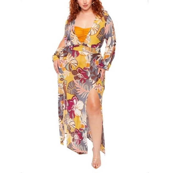 CURVY SENSE ☆ TROPICAL PRINT MESH ☆  MAXI COVER-UP DRESS ☆ 4x ☆ NIP - Picture 2 of 8